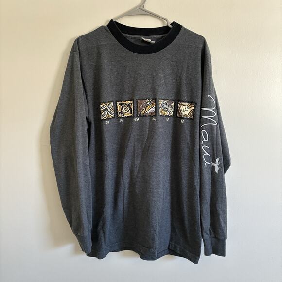 VTG Maui Hawaii Long Sleeve Shirt Hang Loose Surf Gray USA - Size Large - Picture 1 of 8